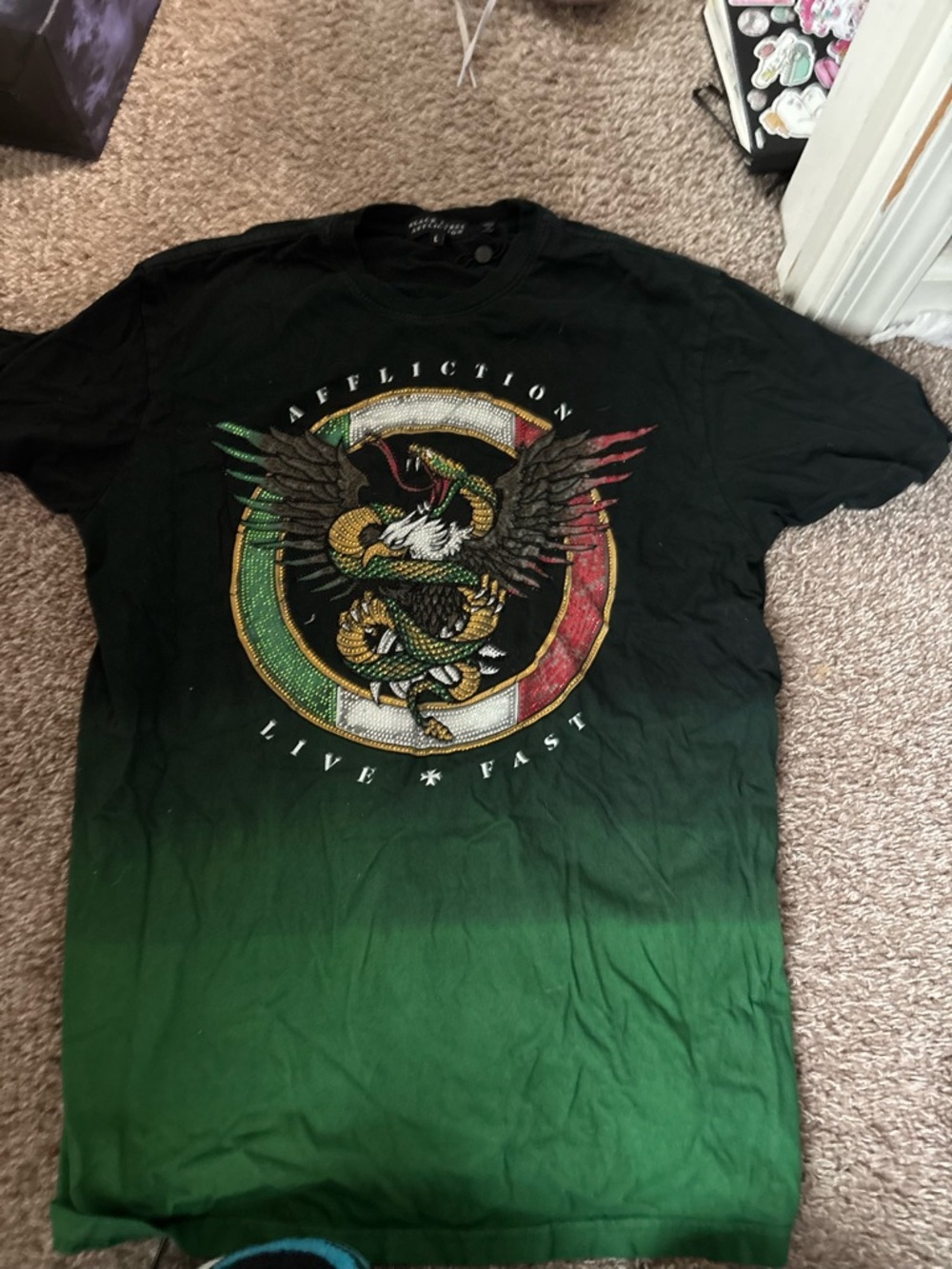 Affliction Black and Green Ombre Eagle & Snake Graphic Tee